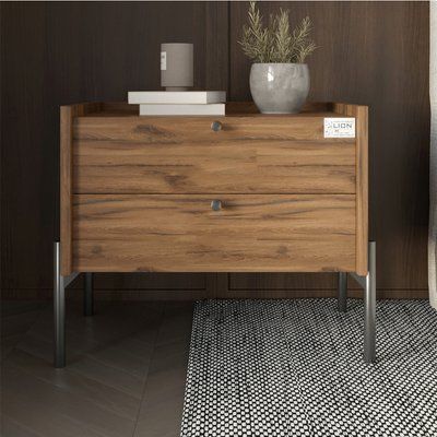 Тумба прикроватная LION Wood с двумя ящиками Дуб Ливорно (черные ножки) (LION-041350) 17786 фото