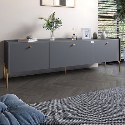 Тумба под телевизор на 3 ящика LION Wood с золотыми ножками 160х65х40 см Антрацит (LION-042987) 18001 фото