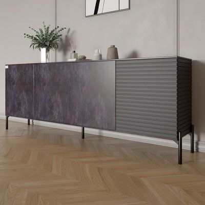 Комод в гостиную на черных металлических ножках LION Грей 204x38x76,5 см Бетон темный/Асфальт (LION-042465) 30359 фото