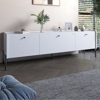 Тумба под телевизор на 3 ящика LION Wood с черными ножками 160х65х40 см Нимфея Альба (белый) (LION-043102) 18026 фото