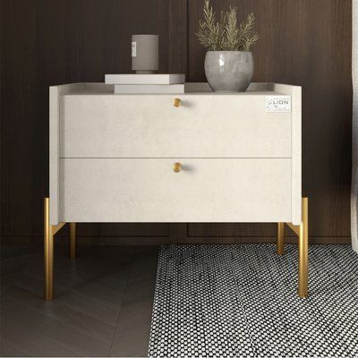 Тумба прикроватная LION Wood с двумя ящиками Бетон style (золотые ножки) (LION-041338) 17751 фото
