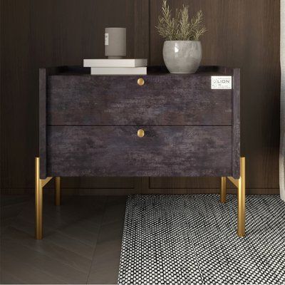 Тумба прикроватная LION Wood с двумя ящиками Бетон темный (золотые ножки) (LION-041340) 17752 фото