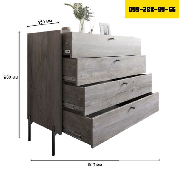 Комод с 4 ящиками LION Wood с черными ножками 100х90х45 см Дуб Ливорно (LION-042979) 17906 фото