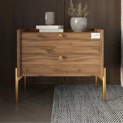 Тумба прикроватная LION Wood с двумя ящиками Дуб Ливорно (золотые ножки) (LION-041349) 17756 фото