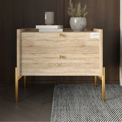 Тумба прикроватная LION Wood с двумя ящиками Дуб Сонома (золотые ножки) (LION-041351) 17757 фото