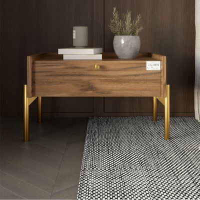 Тумба прикроватная LION Wood с одним ящиком Дуб Ливорно (золотые ножки) (LION-041318) 17585 фото
